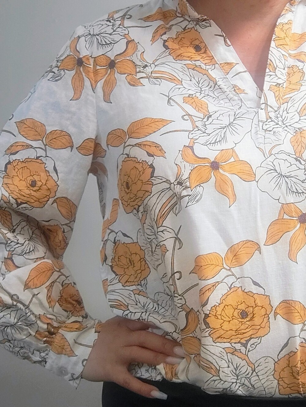 White Floral Popover Blouse with Mustard Yellow Flowers